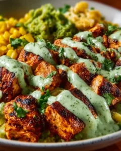 30-Minute street corn chicken rice bowl garnished with fresh cilantro and lime