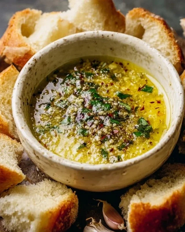 A bowl of 5-minute garlic olive oil dip with a sprig of parsley on the side.