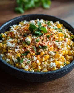 Delicious Mexican Street Corn Salad served in a bowl with toppings.