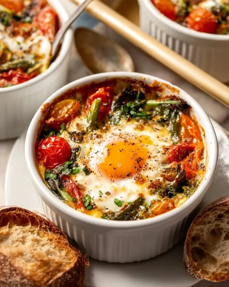 Baked feta eggs served with tomatoes and spinach on a plate