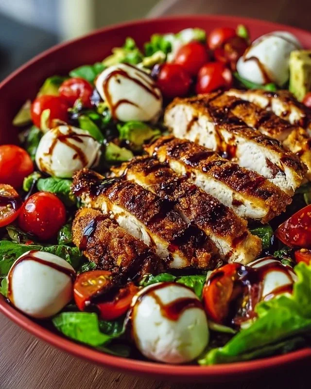 Baked Marinated Chicken Salad topped with Mozzarella and Balsamic Vinaigrette
