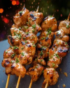 Bang Bang Chicken Skewers with spicy sauce and fresh herbs