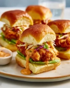 Bang Bang Chicken sliders served on a platter with garnishes.
