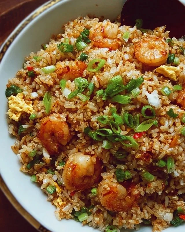 A colorful bowl of Bang Bang Fried Rice topped with fresh herbs and vegetables.
