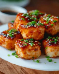 Bang Bang Salmon Bites with spicy sauce and garnish served on a plate