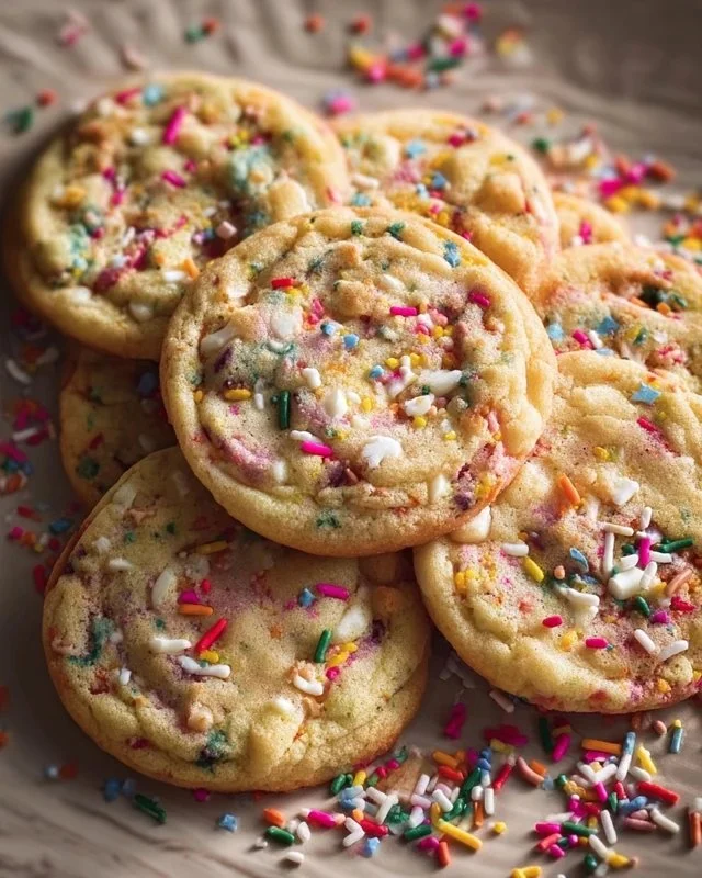 Colorful birthday cake cookies with sprinkles on a festive plate