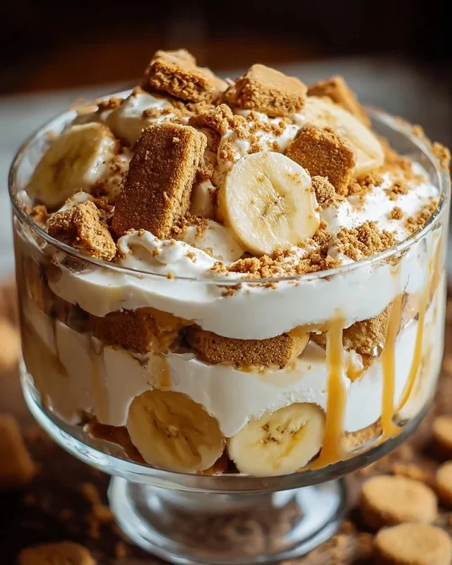 Delicious Biscoff Banana Pudding served in a glass with banana slices on top.