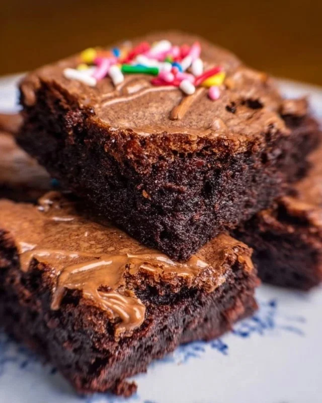 Fudgy brownie birthday cake bars decorated with sprinkles on a white plate