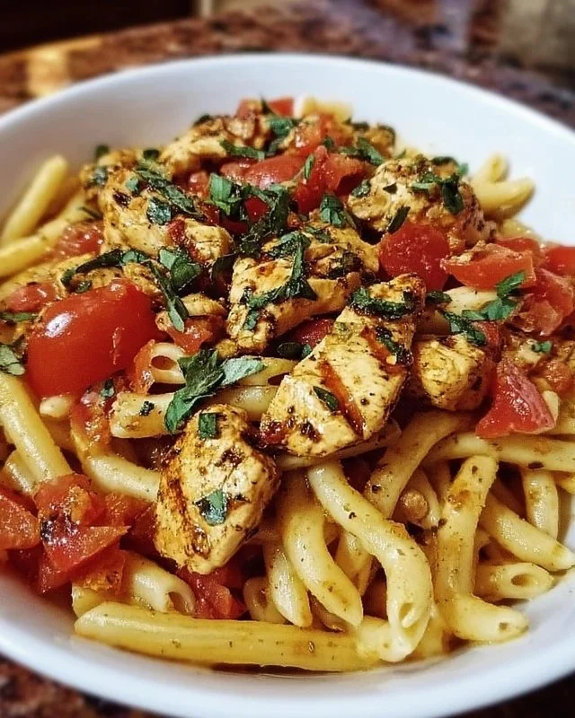 Plate of Bruschetta Chicken Pasta topped with fresh basil and tomatoes