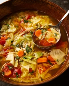 Bowl of nutritious cabbage soup with fresh vegetables