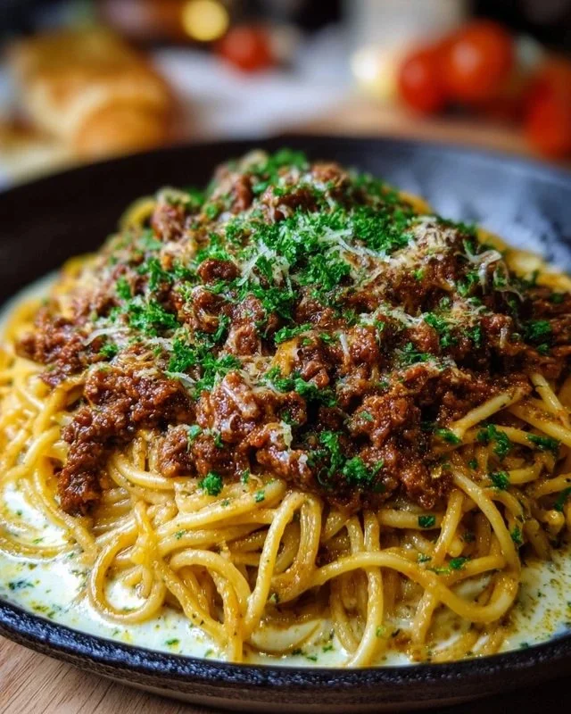 Cajun Beef Spaghetti in Creamy Three-Cheese Parmesan Sauce