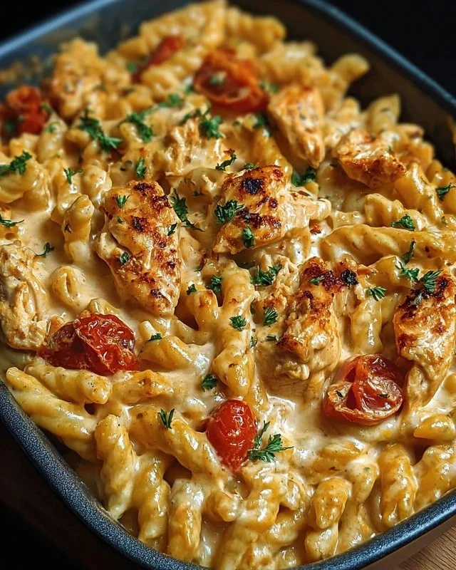 Cajun Cream Cheese Chicken Pasta Bake with creamy sauce and spices