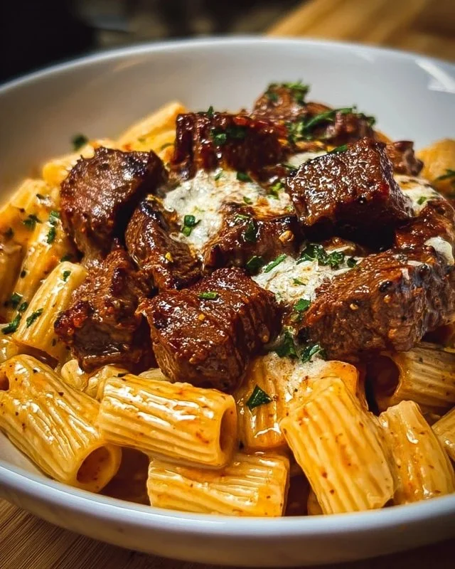 Cajun steak tips served with creamy rigatoni parmesan in a delicious dish