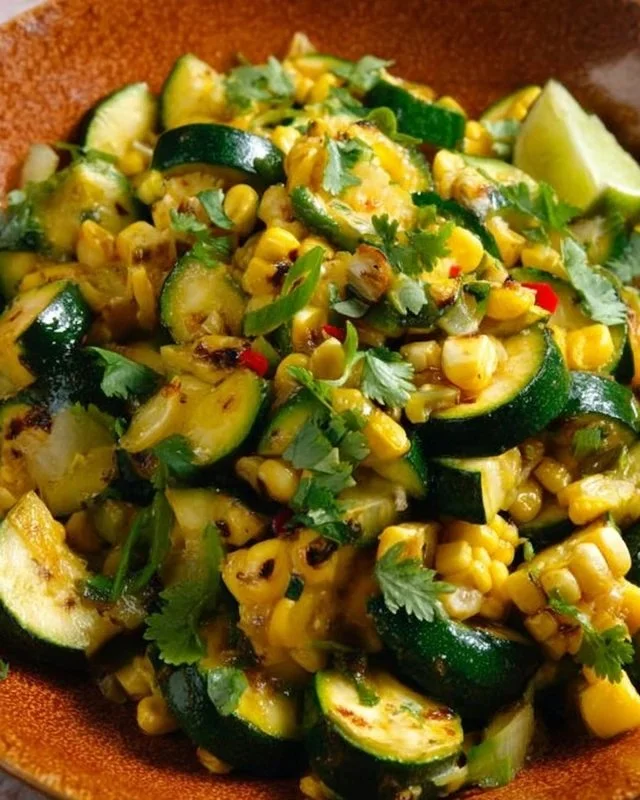A colorful dish of Calabacitas featuring Mexican zucchini and corn.