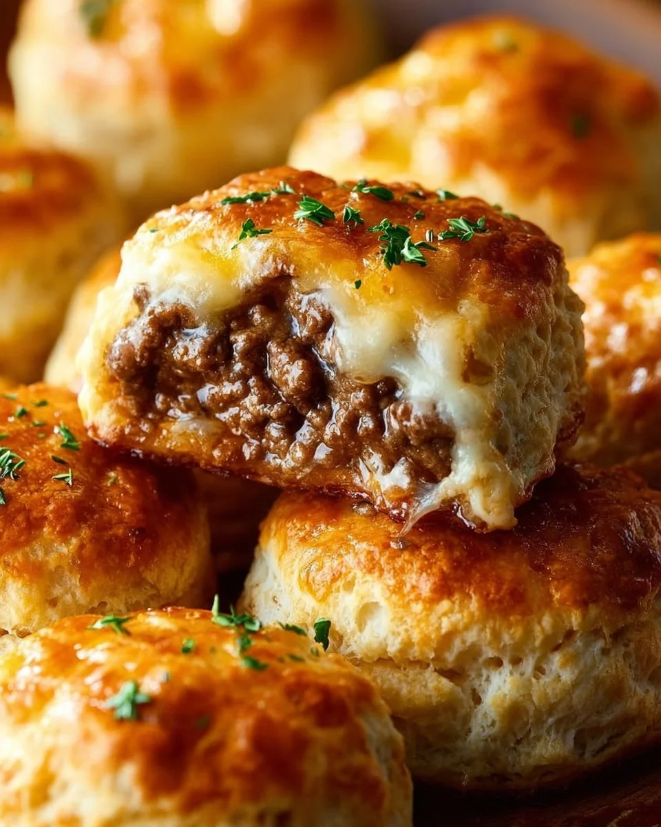 Cheesy beef biscuit bombs fresh out of the oven, golden and gooey.