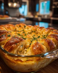 Cheesy Chicken Crescent Bake served on a plate, a delicious one-pan meal.