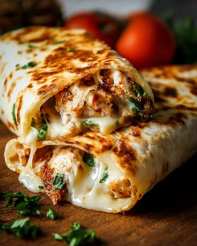 Cheesy Garlic Chicken Wraps served on a plate with fresh herbs