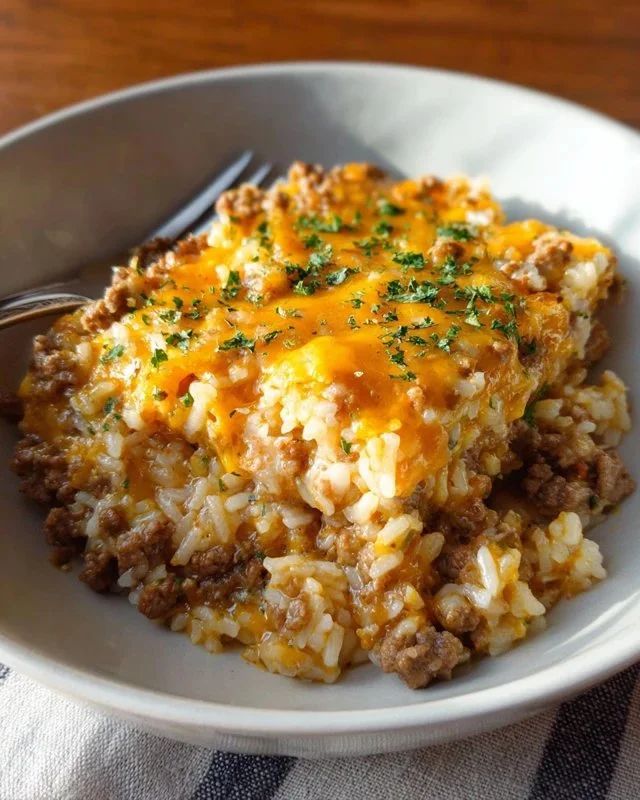 Cheesy ground beef and rice casserole served in a baking dish with melted cheese