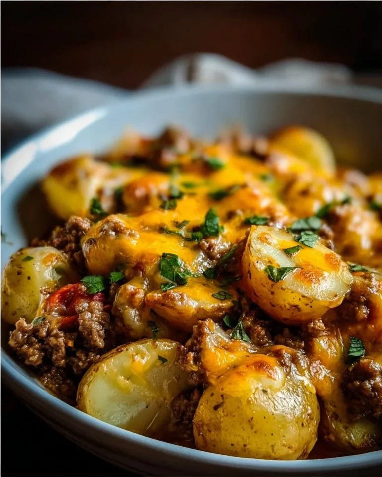 Cheesy ground beef and potato casserole topped with golden cheese