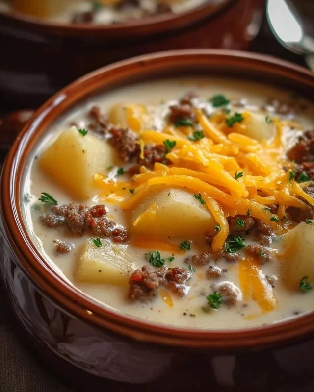 Bowl of cheesy hamburger potato soup topped with herbs and cheese