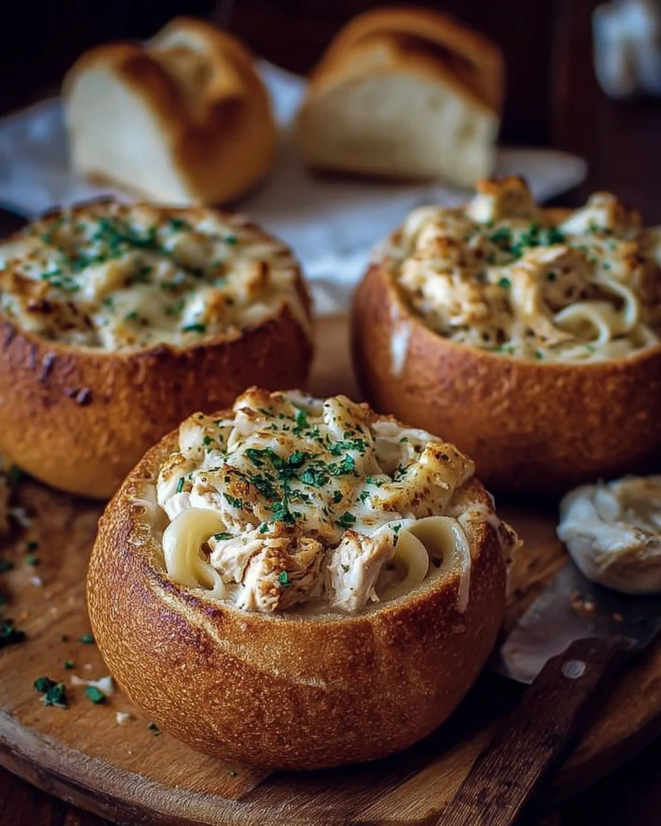 Chicken Alfredo Garlic Bread Bowls served with creamy sauce and garlic flavor