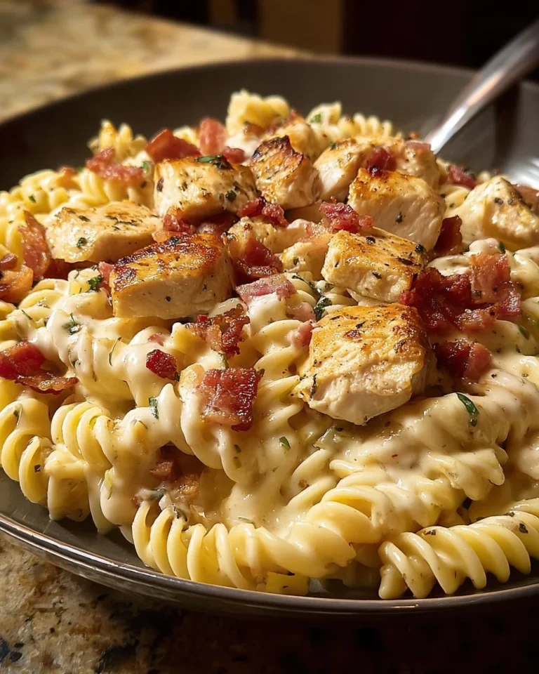 Delicious Chicken Bacon Ranch Pasta served in a bowl with bacon and chicken.