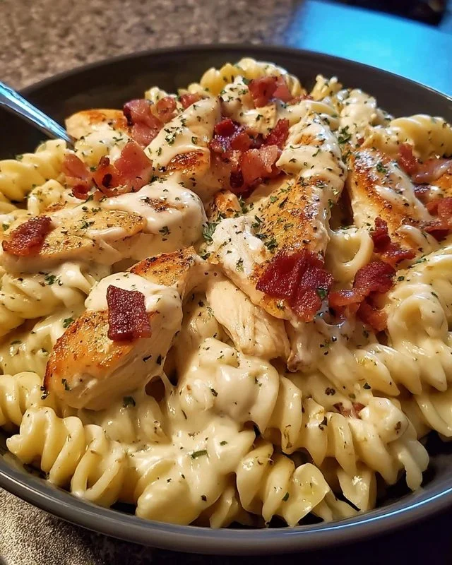 Delicious Chicken Bacon Ranch Pasta topped with crispy bacon and herbs