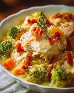 Delicious chicken casserole served in a dish, ideal for a family meal.