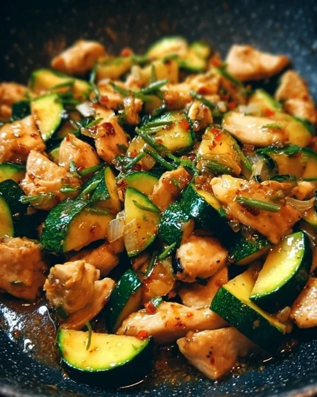 Colorful Chicken Zucchini Stir Fry in a skillet, featuring fresh vegetables and chicken.