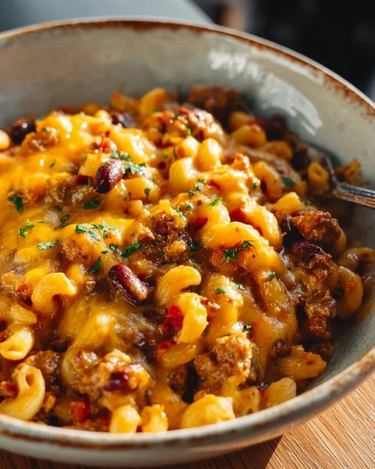 Delicious bowl of Chili Mac and Cheese topped with cheese and spices.