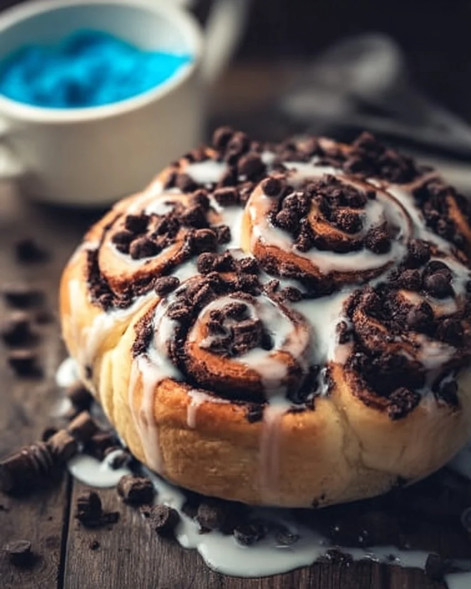 Freshly baked chocolate chip cinnamon rolls topped with icing