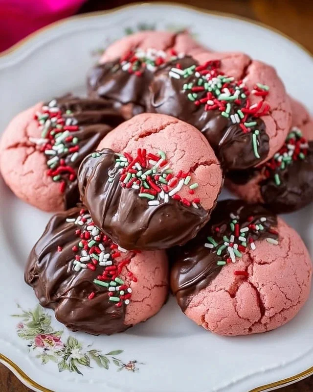 Delicious chocolate covered strawberry cookies on a plate.