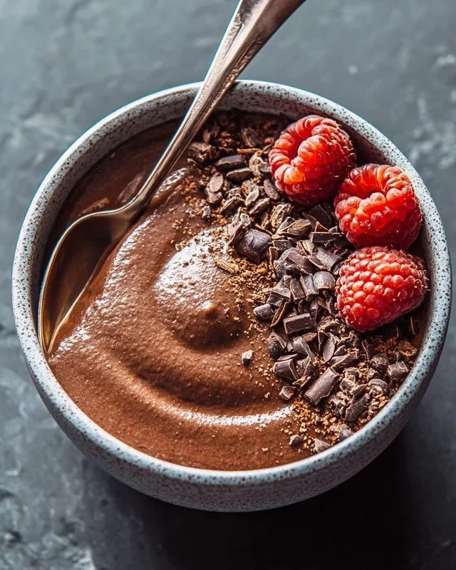 Delicious chocolate protein pudding in a bowl with a spoon