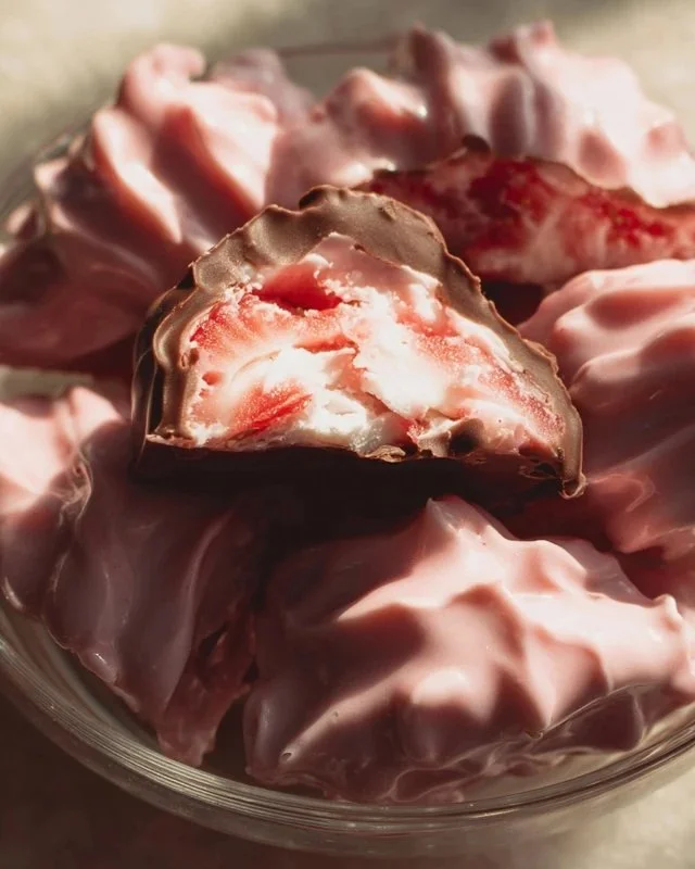 Chocolate strawberry frozen yogurt bites, a tasty frozen dessert