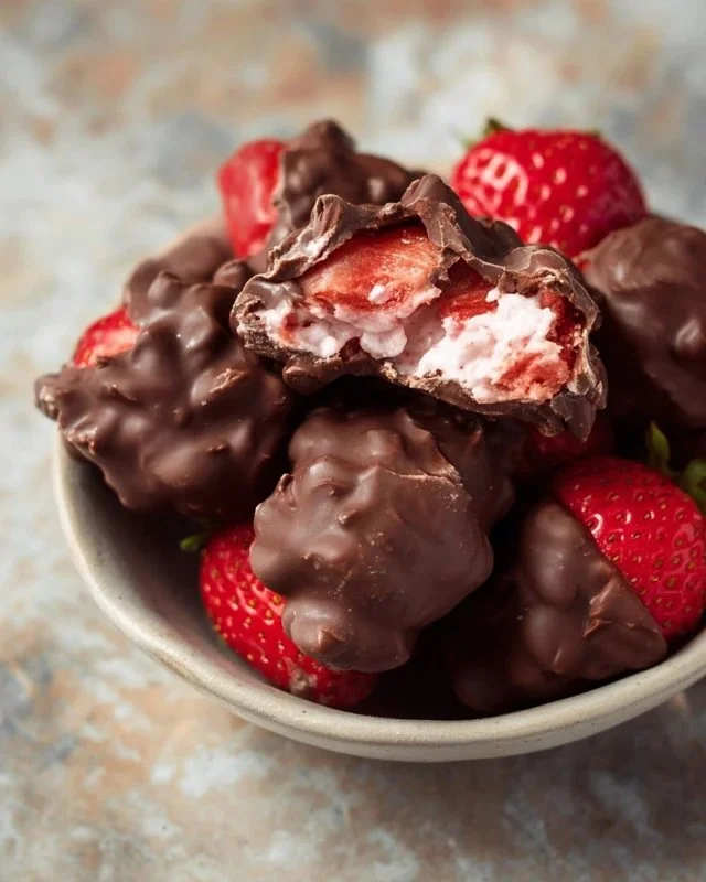 Chocolate Strawberry Yogurt Clusters served on a plate with fresh strawberries and chocolate drizzle.