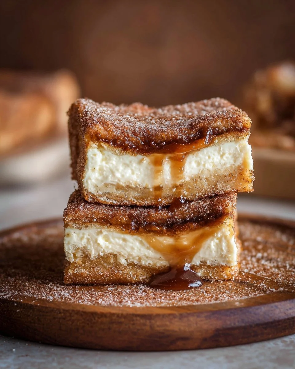 Decadent churro cheesecake topped with cinnamon sugar and caramel drizzle