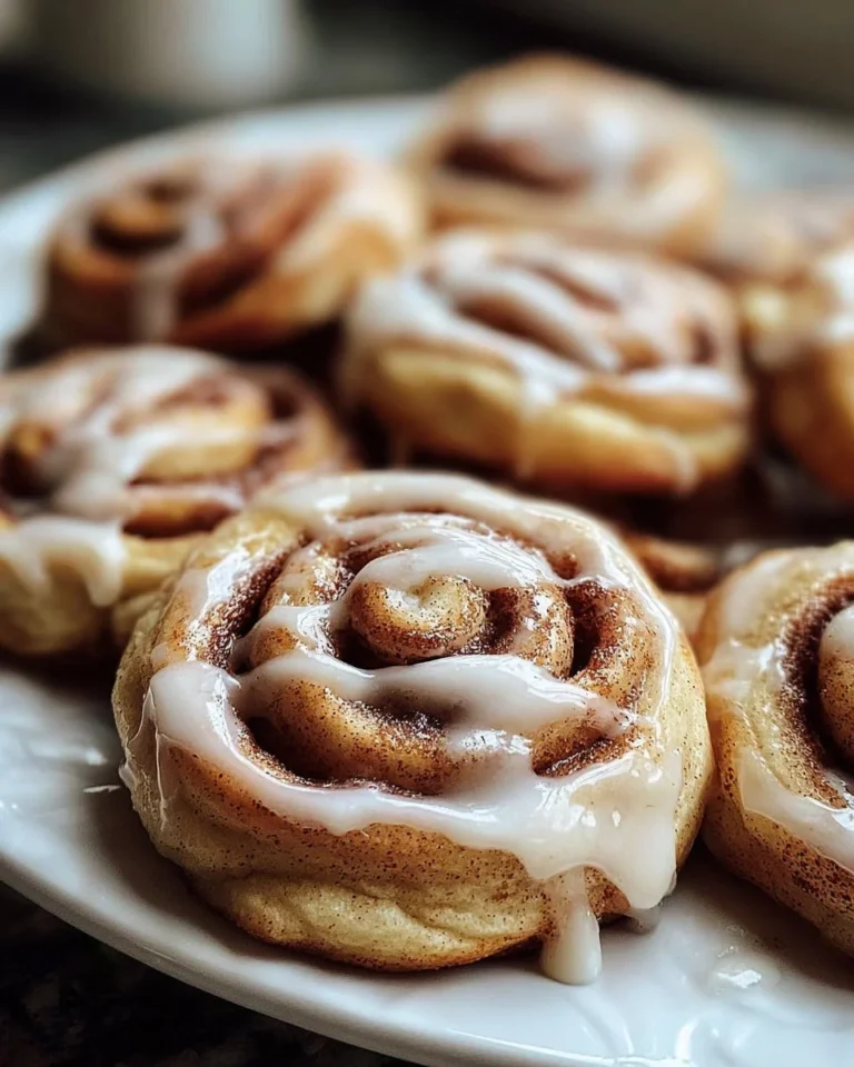 Plate of homemade cinnamon roll cookies with icing drizzled on top.