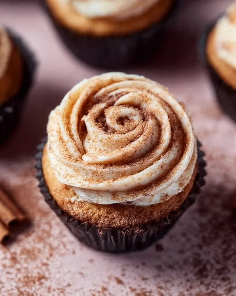 Delicious cinnamon roll cupcakes topped with cream cheese frosting