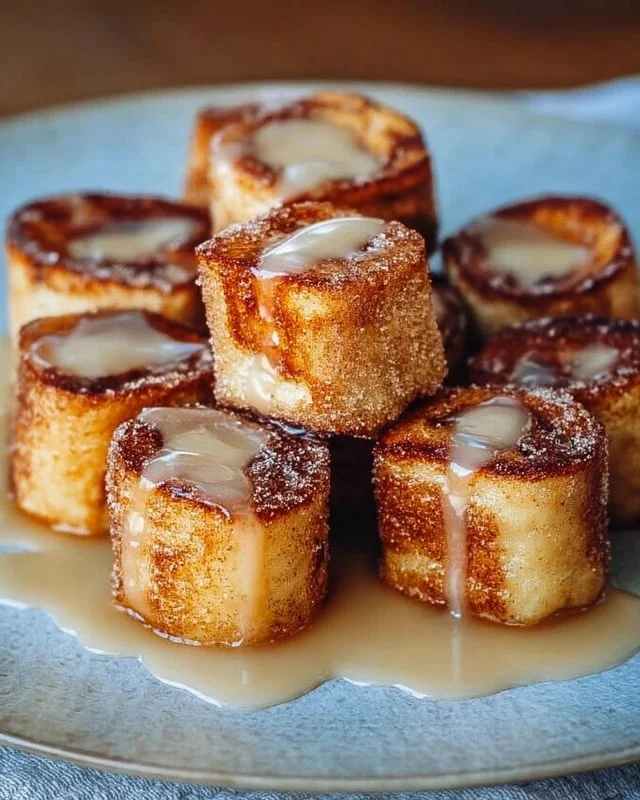 Delicious Cinnamon Roll French Toast Bites served on a plate with syrup.