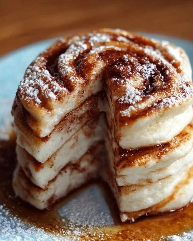 Delicious cinnamon roll pancakes served with syrup and whipped cream