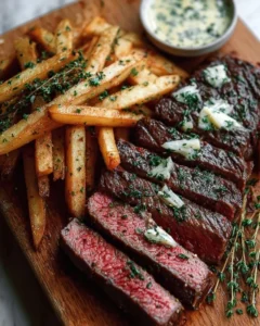 Classic steak frites recipe with garlic butter and crispy fries on a plate.