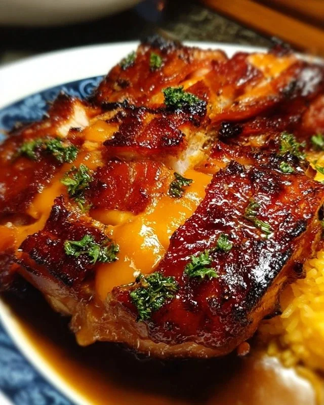 Delicious Cowboy BBQ Bacon Cheddar Chicken with melted cheese and crispy bacon.