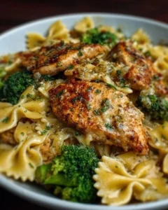 Delicious lemon bowtie chicken with broccoli and cowboy butter sauce
