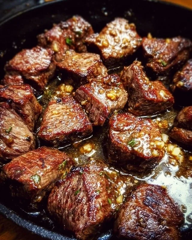 Delicious Cowboy Butter Steak Bites served on a rustic platter