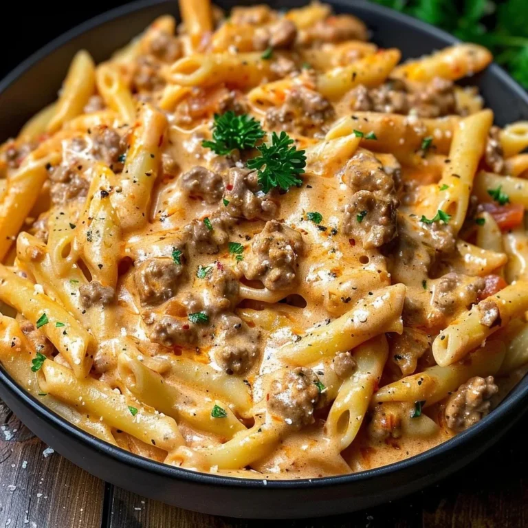 Creamy beef pasta dish served in a bowl with herbs on top