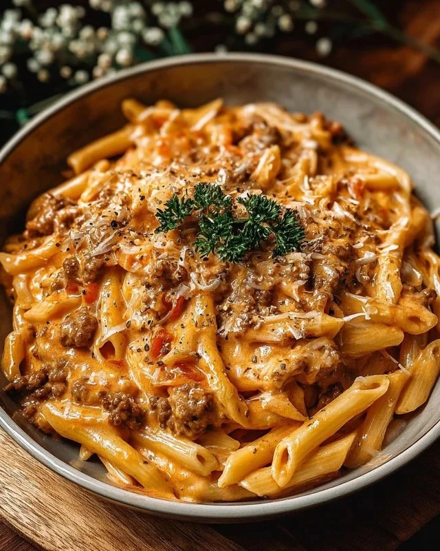 Creamy beef pasta dish served in a bowl, garnished with herbs.