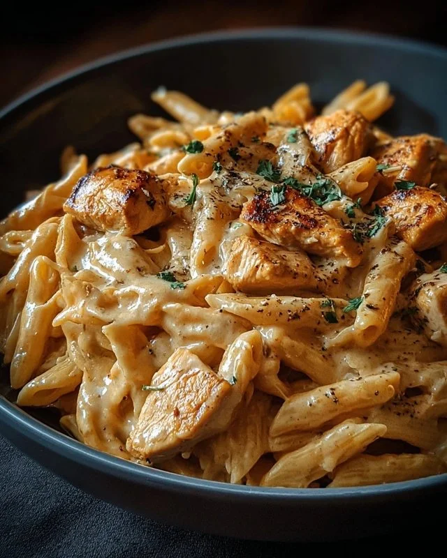 Plate of creamy Cajun Chicken Pasta with colorful vegetables and spices