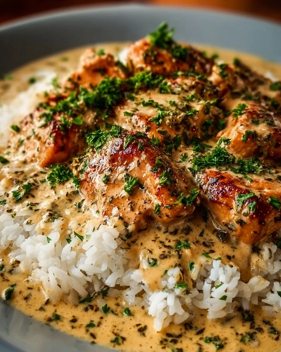 Creamy chicken and rice dish garnished with herbs