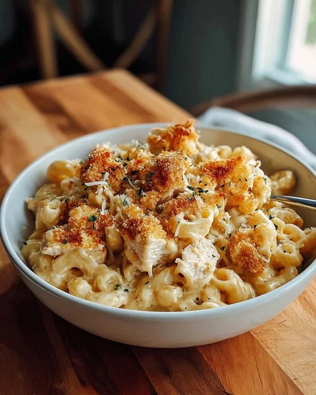 Creamy chicken mac and cheese dish served in a bowl with cheese topping