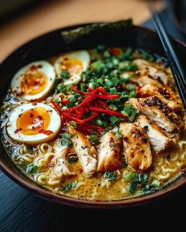 Creamy garlic chicken ramen bowl with spices and herbs